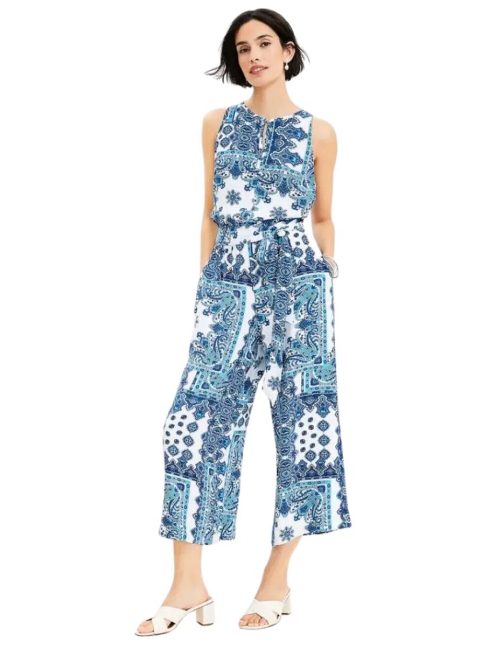 ANN TAYLOR LOFT Jumpsuit Paisley Blue White Print Sleeveless Boho Summer L NWT